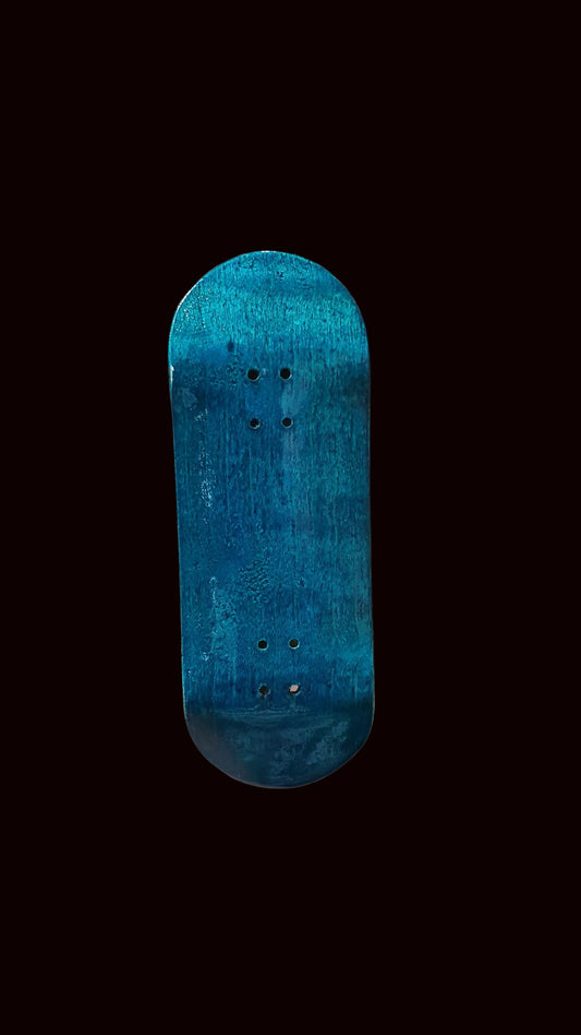 Blue teal fingerboard deck, rounded nose, six mounting holes, weathered finish.