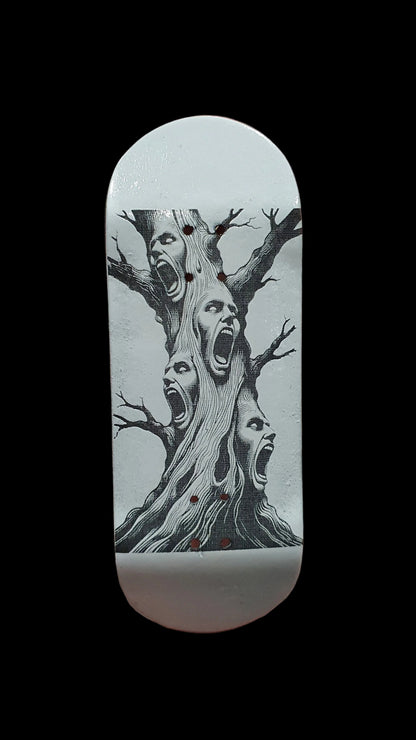 Skateboard deck with centered tree-face illustration in black on light base