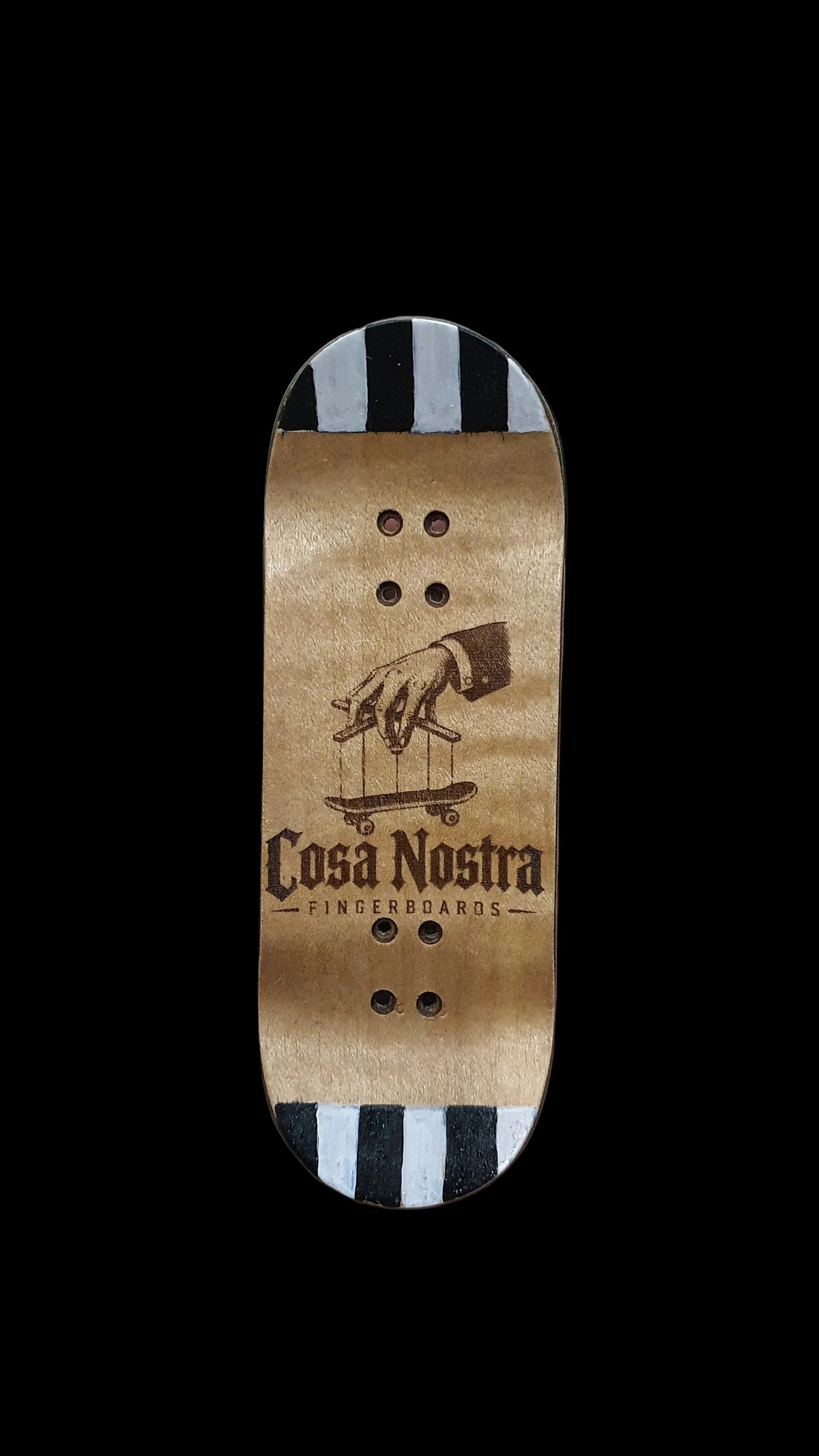 Skateboard deck bottom with tan grip, Cosa Nostra text, and animal graphic