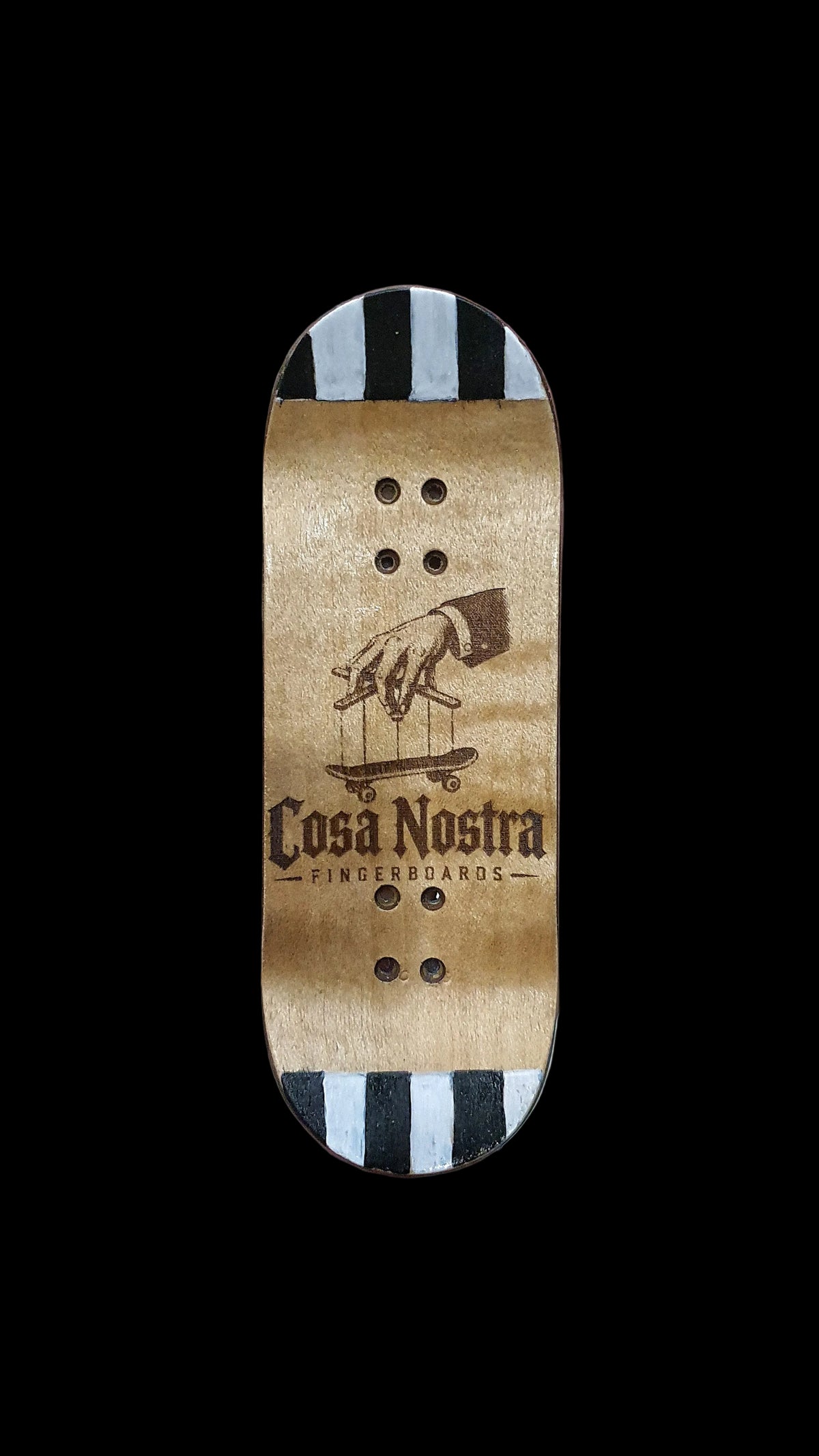 Skateboard deck bottom with tan grip, striped top, and tree graphic