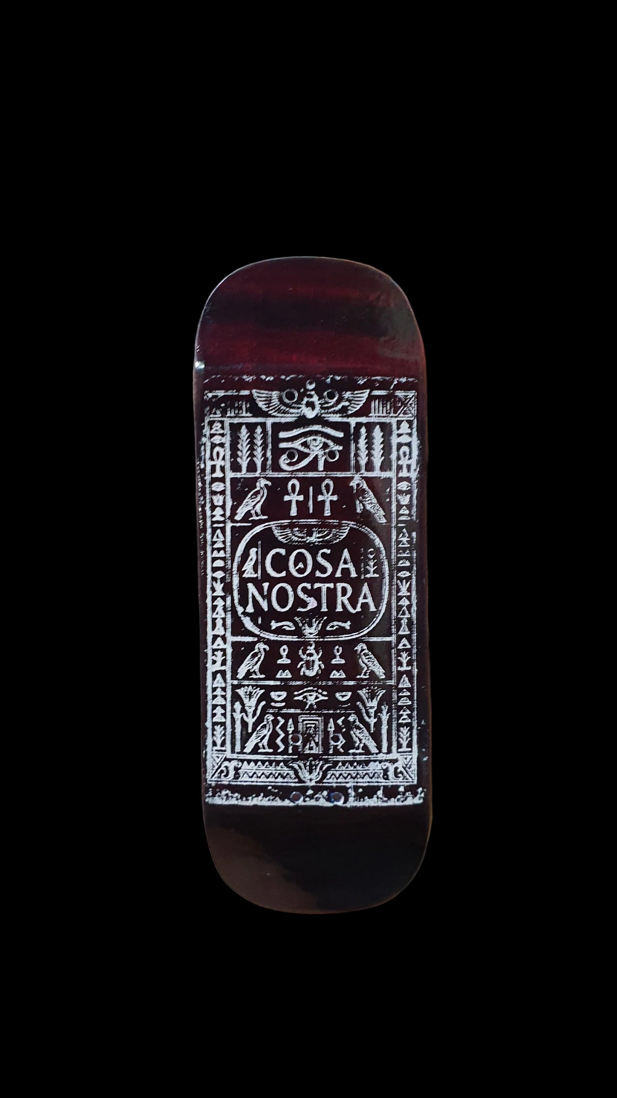 Cosa Nostra 34 mm fingerboard deck with red-brown underside and white ornate graphic
