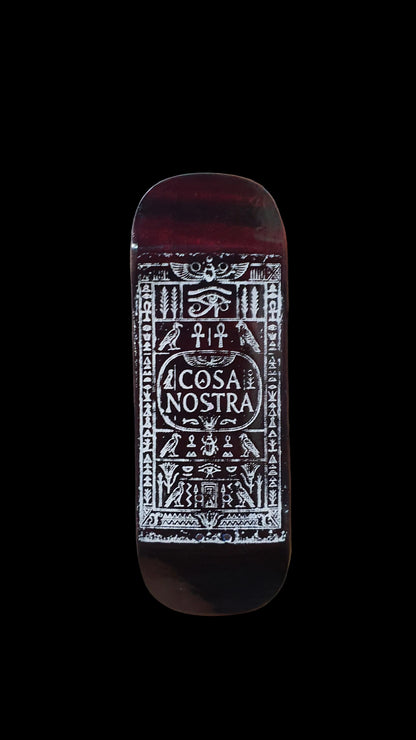Cosa Nostra 34 mm fingerboard deck with red-brown underside and white ornate graphic