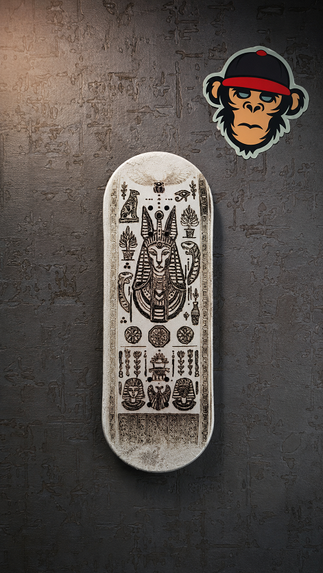 Skateboard deck with intricate design on a textured dark surface, monkey sticker in top right corner.