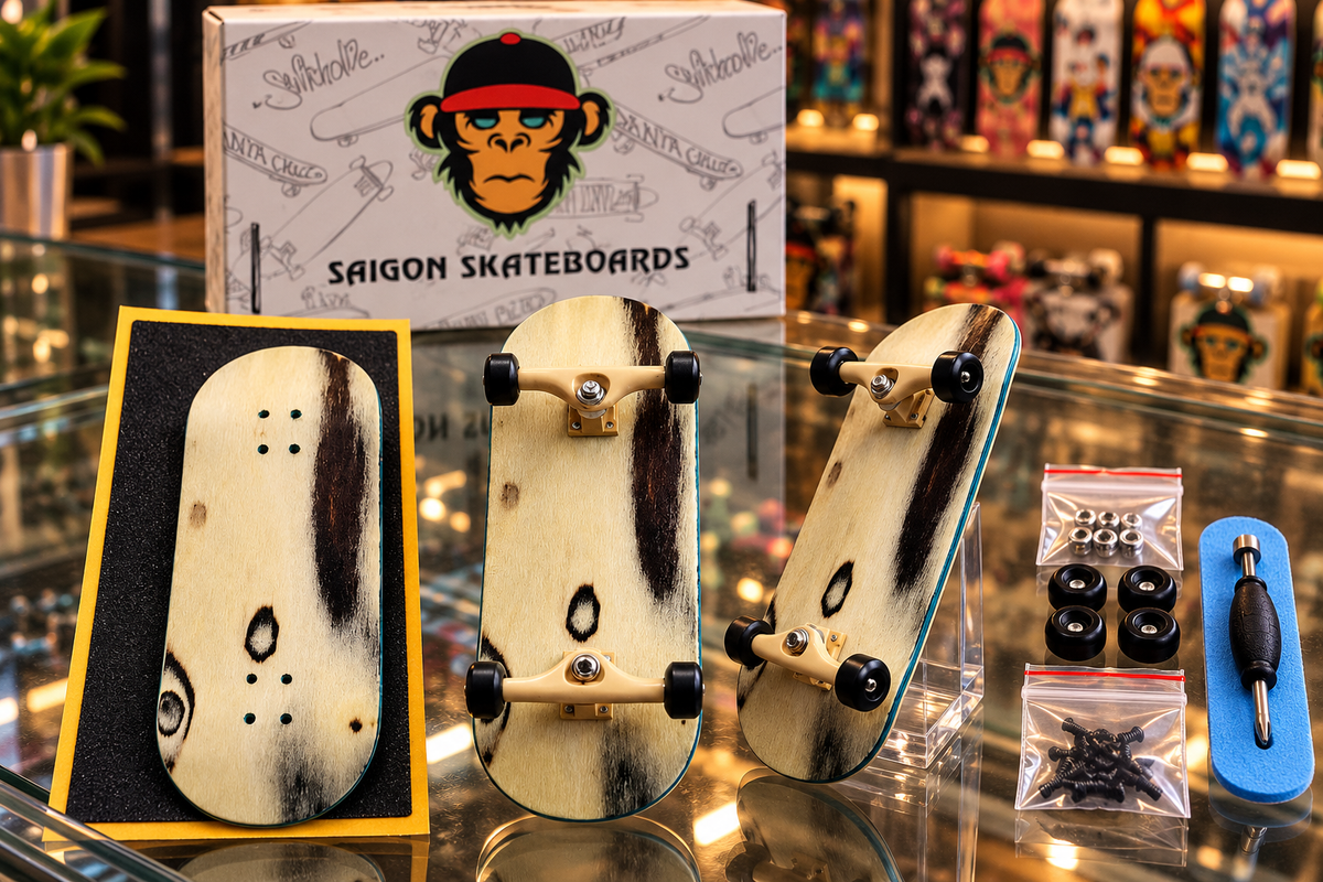 Fingerboard set with streak-pattern decks, tan trucks, black wheels, grip tape, and tool