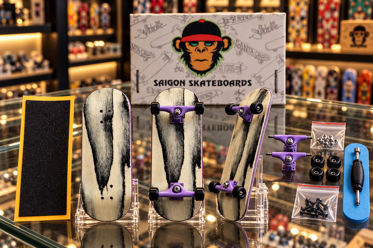 Fingerboard set with streak-pattern decks, purple trucks, wheels, grip tape, and tool