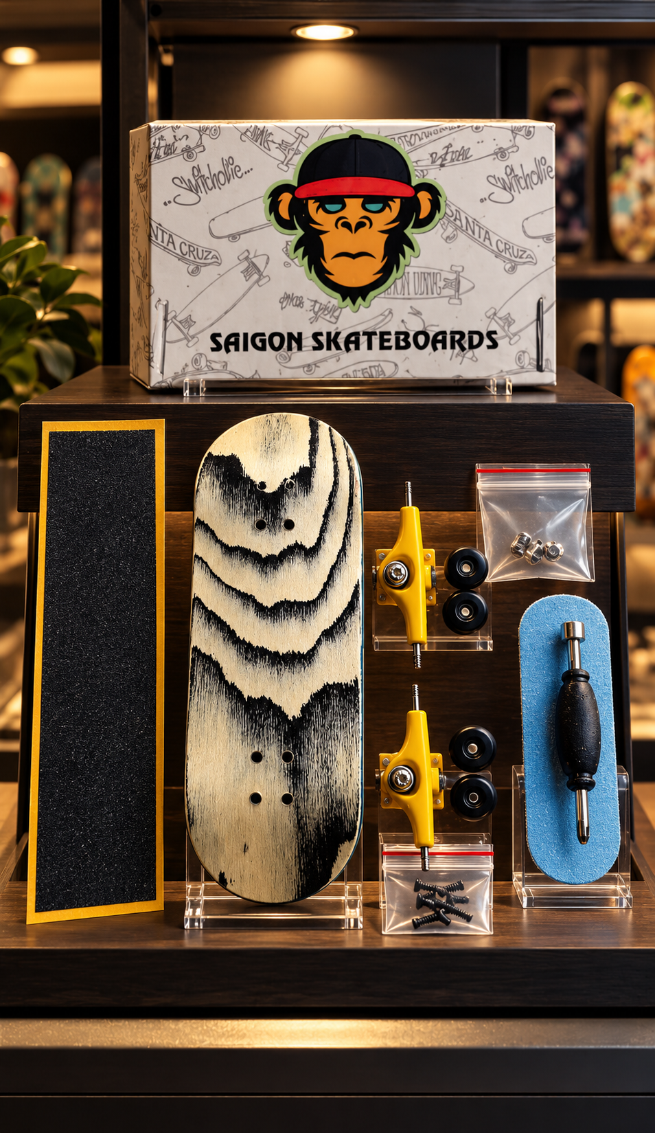 Fingerboard set with streak-pattern deck, yellow trucks, wheels, grip tape, and tool
