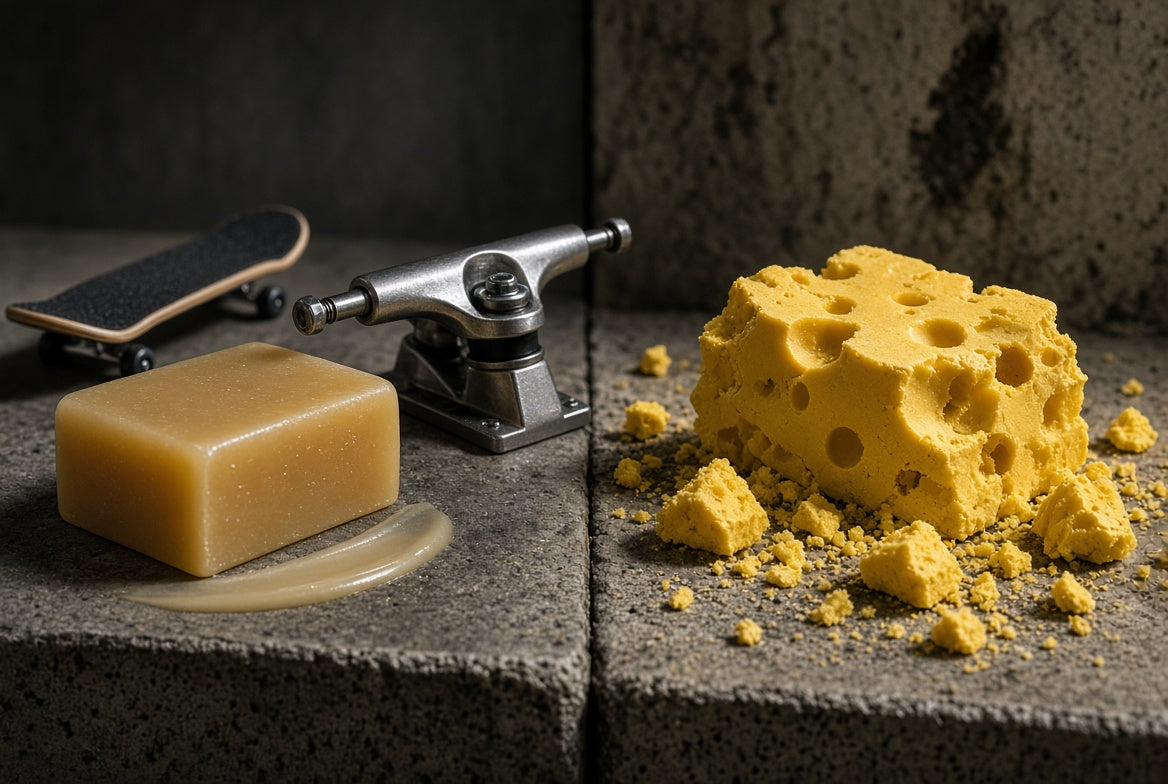 Yellow skateboard wax bar with crumb pieces on a surface