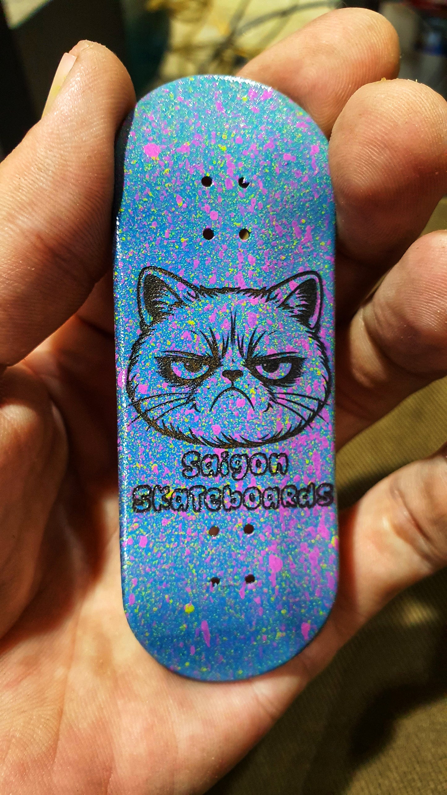 Saigon Skateboards 5-ply Canadian Maple Fingerboard Skateboard 33mmx97mm Popsicle Shape Custom 1 of 1 "Grumpy Cat"