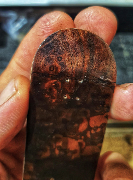 Cosa Nostra Handmade 6-Ply "Bears Picnic" Canadian Maple, Ebony, Mahogany, White Oak and Burl 34mmx98mm Popsicle shape. Medium kicks and concave. Limited Edition 1 of 1. NFC enabled.