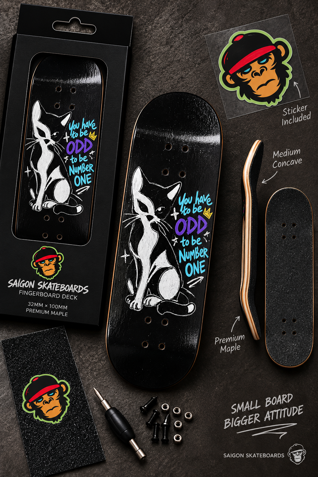 Fingerboard kit with two decks, sticker sheet, and mounting hardware in box.