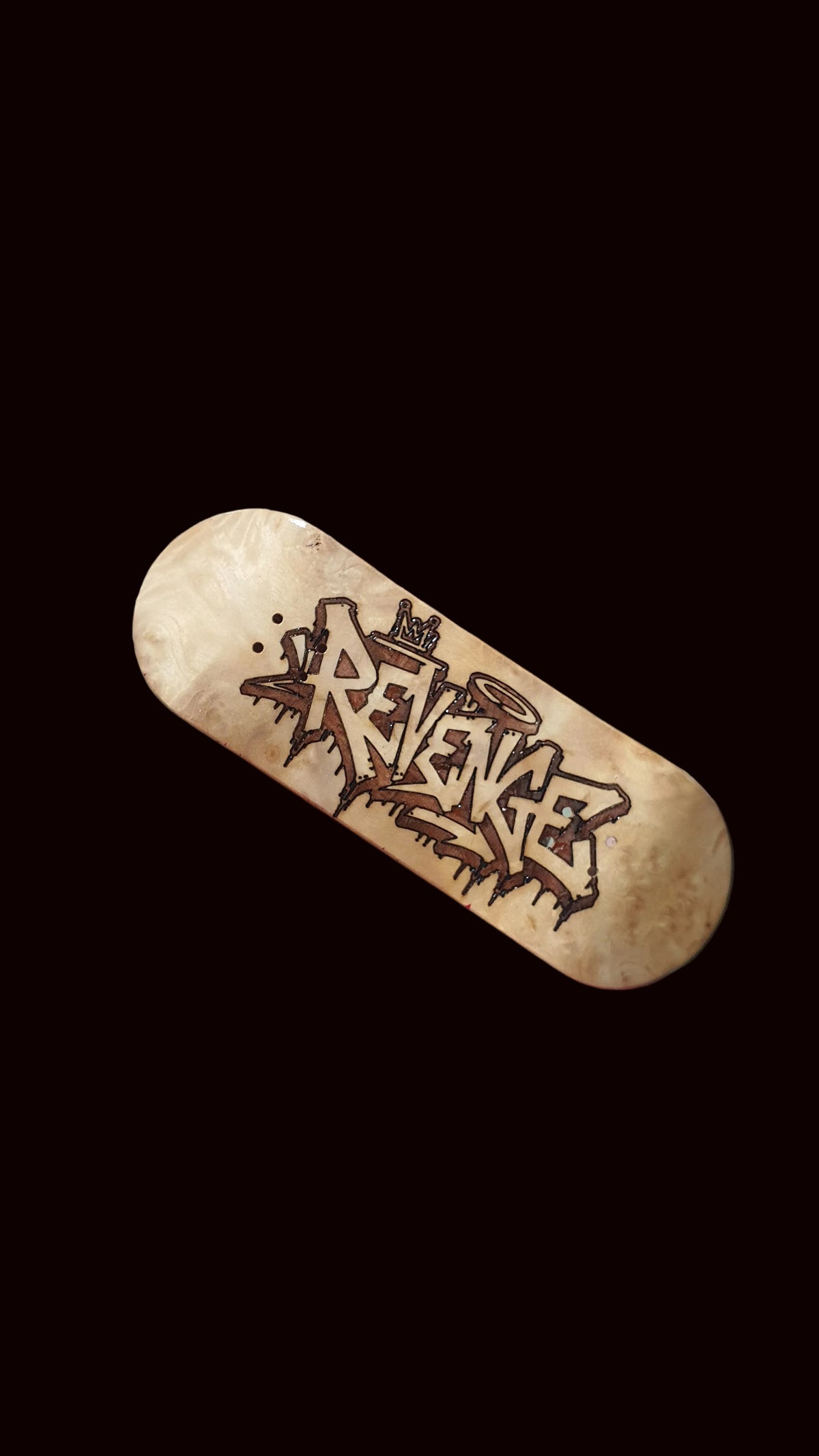 Popsicle fingerboard deck, light wood finish with black graffiti-style graphic