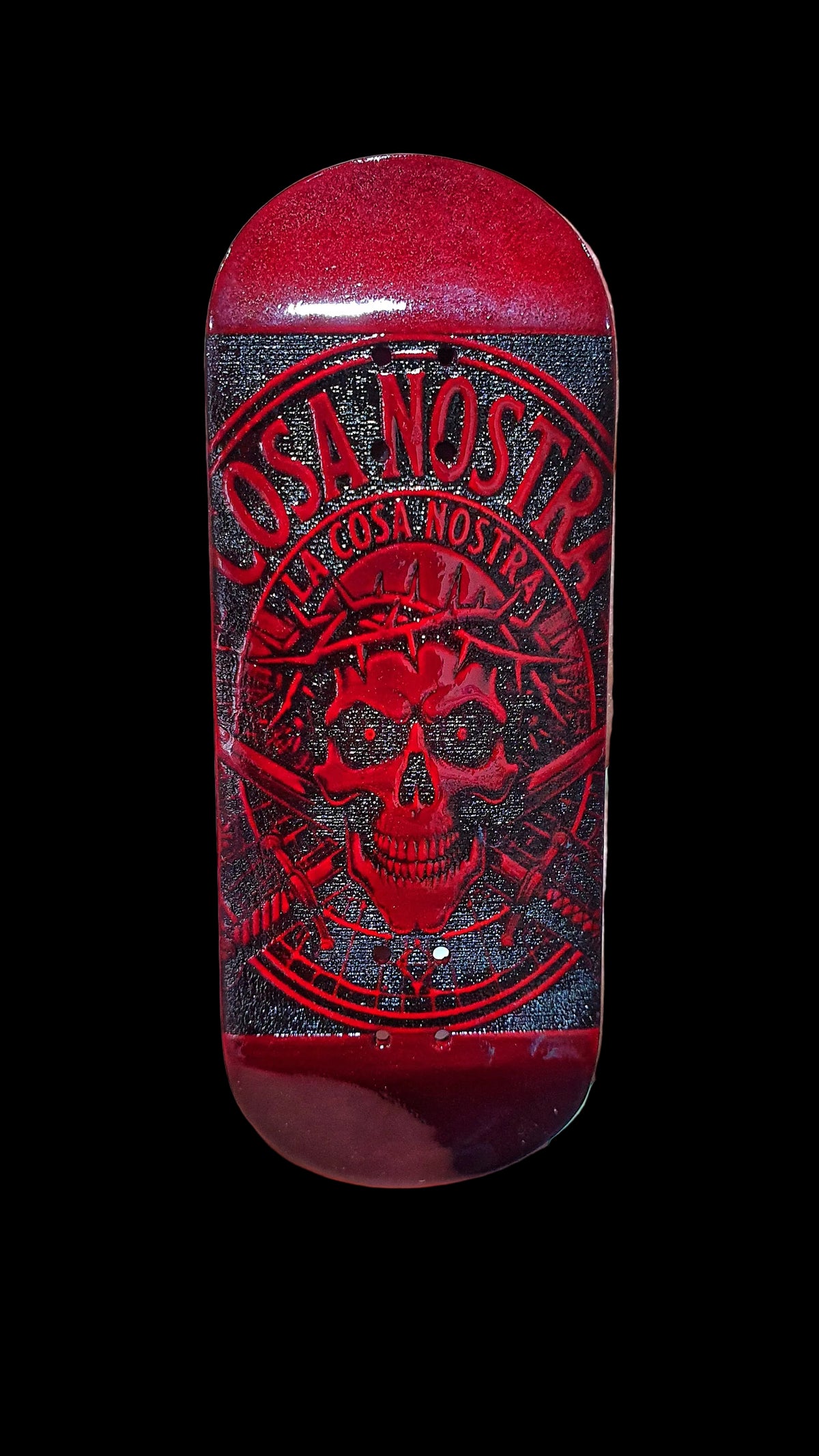 Red fingerboard deck with glossy top, Cosa Nostra skull and line patterns