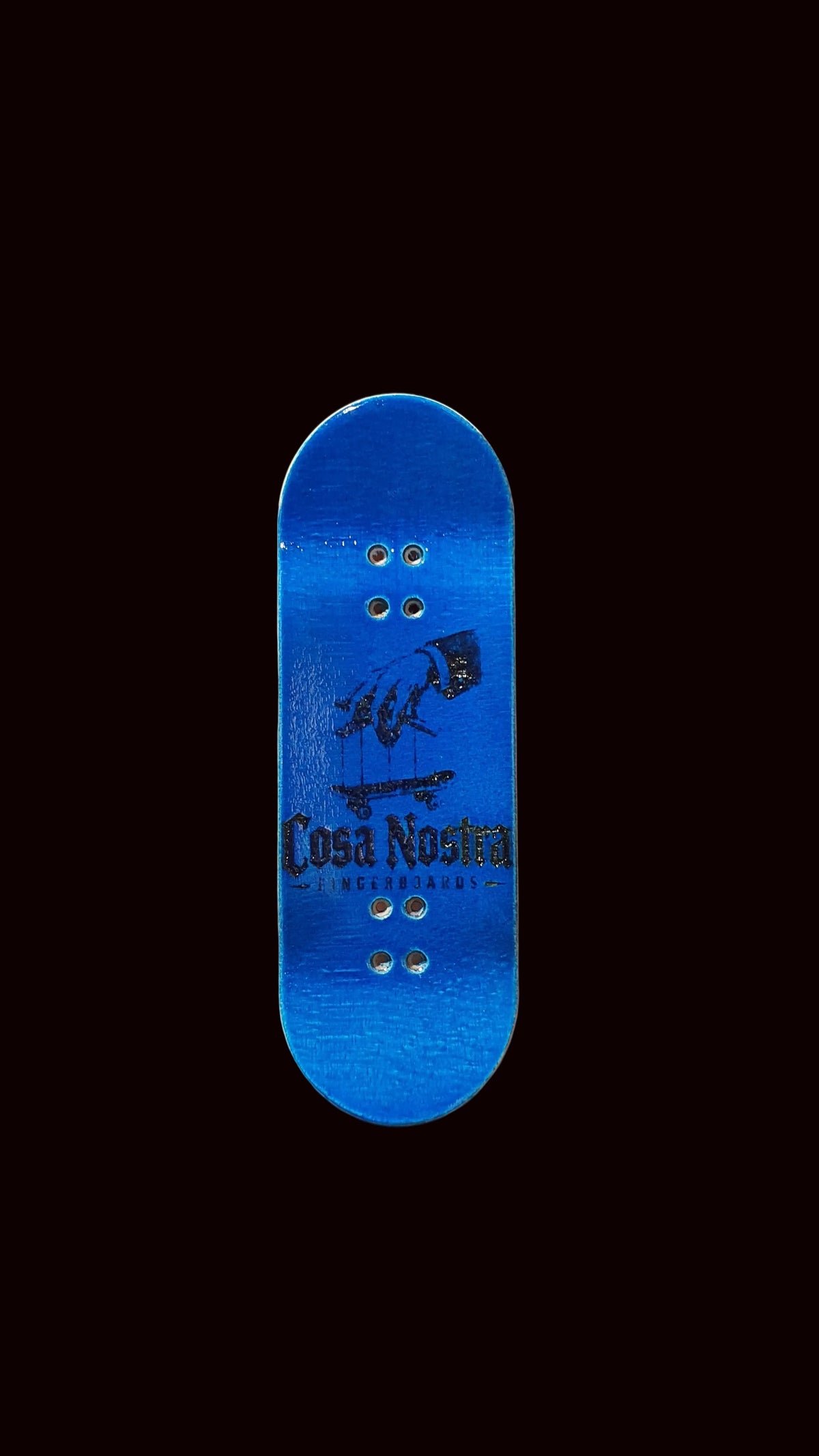 Blue fingerboard deck with dark horse graphic and Cosa Nostra text