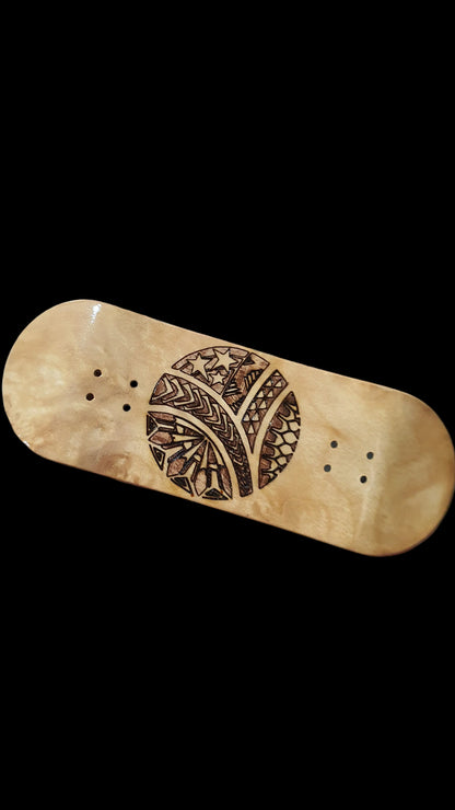Fingerboard deck in light wood, angled view with tribal graphic and 4 mounting holes