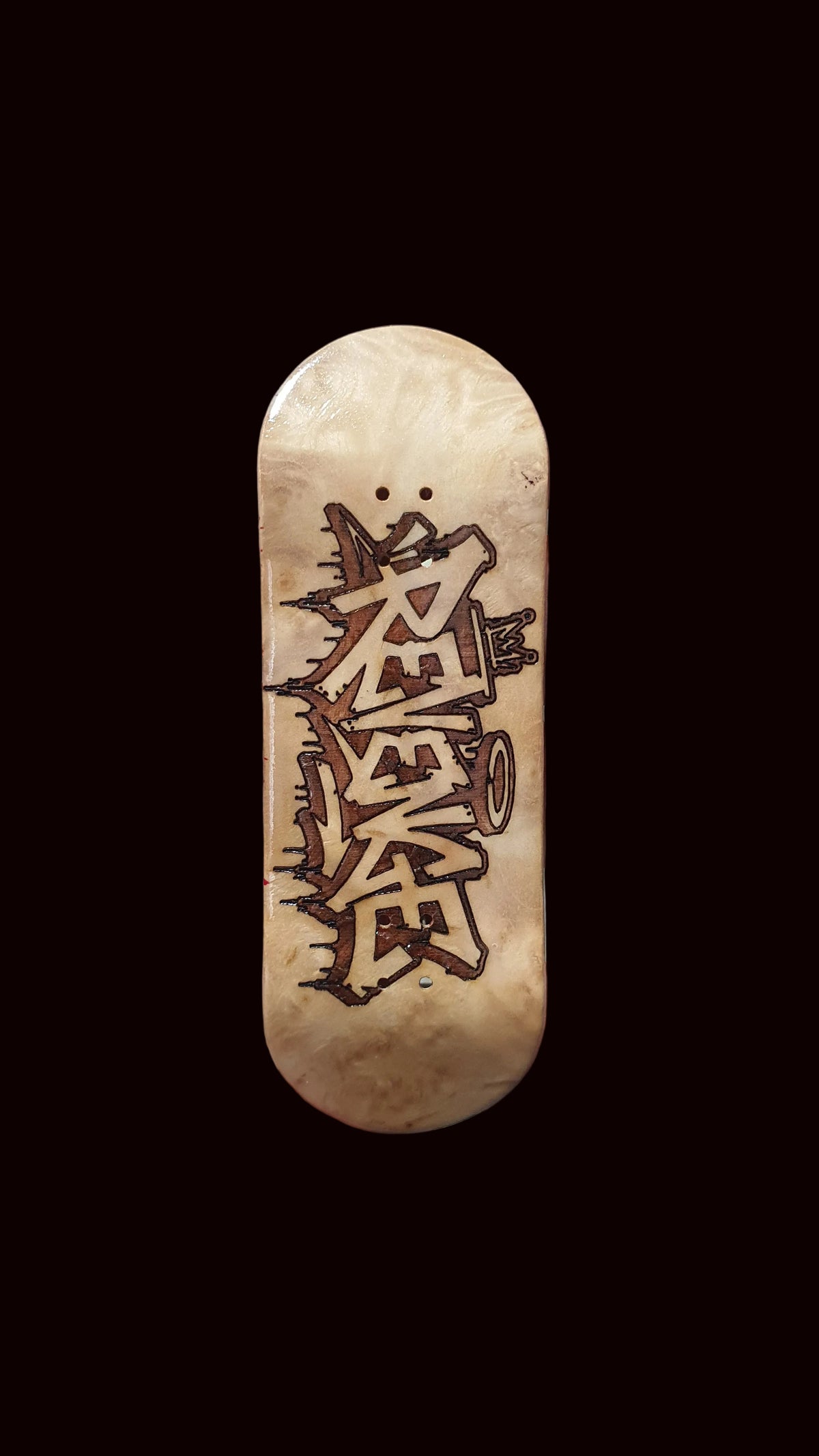 Cosa Nostra handmade popsicle fingerboard deck, light wood finish with black graphic
