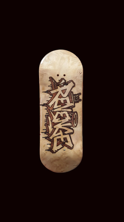 Cosa Nostra handmade popsicle fingerboard deck, light wood finish with black graphic