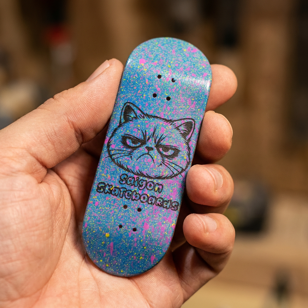 Saigon Skateboards 5-ply Canadian Maple Fingerboard Skateboard 33mmx97mm Popsicle Shape Custom 1 of 1 "Grumpy Cat"