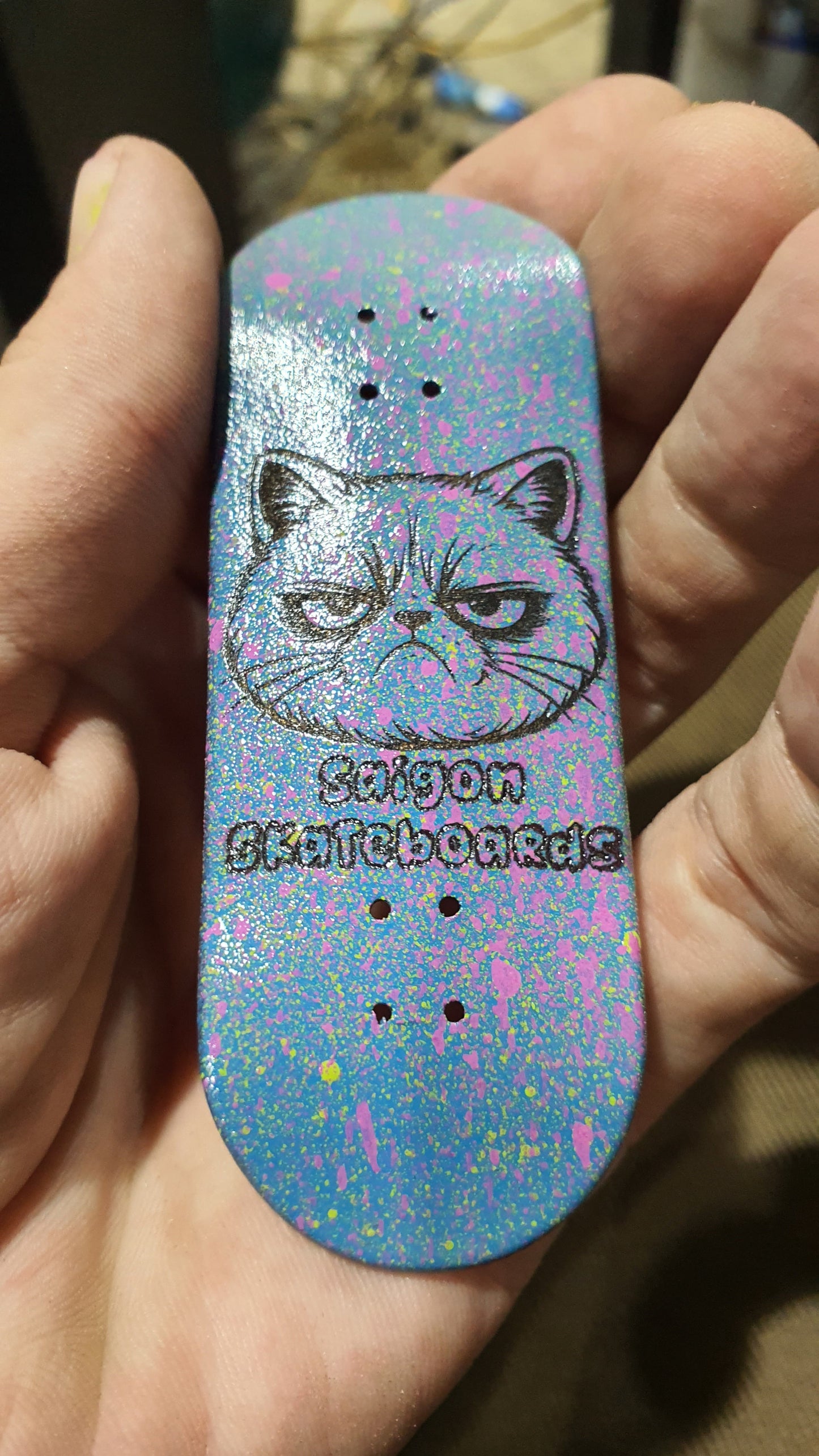 Saigon Skateboards 5-ply Canadian Maple Fingerboard Skateboard 33mmx97mm Popsicle Shape Custom 1 of 1 "Grumpy Cat"