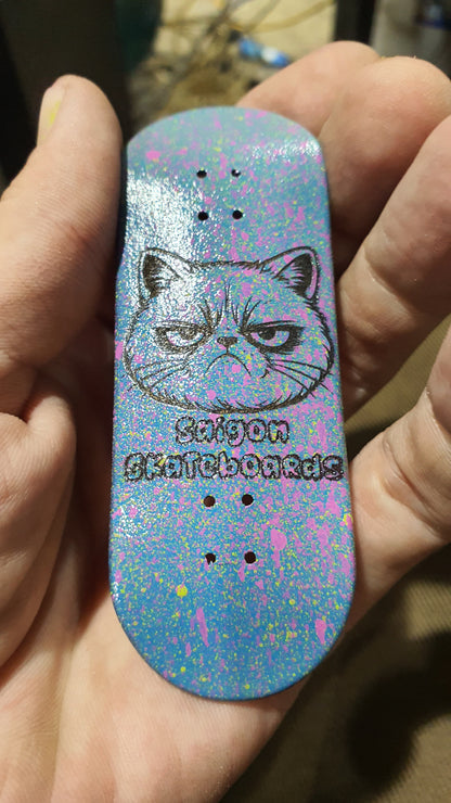 Saigon Skateboards 5-ply Canadian Maple Fingerboard Skateboard 33mmx97mm Popsicle Shape Custom 1 of 1 "Grumpy Cat"