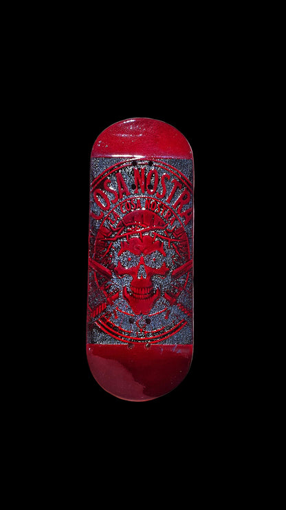 Red fingerboard deck front view with Cosa Nostra skull emblem