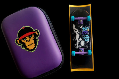 Purple fingerboard deck in zip case, with fingerboard shown in retail box.