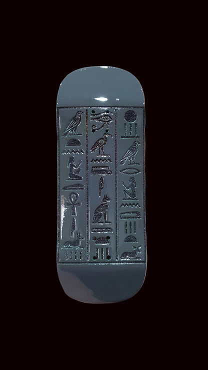 34mm fingerboard deck, silver tone with embossed Egyptian symbols and front nose curve