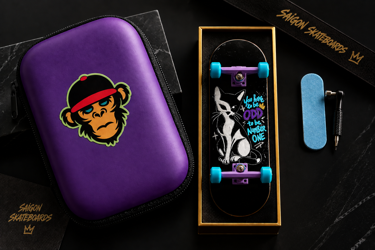 Purple fingerboard deck in zip case; boxed kit includes wheels and sticker.