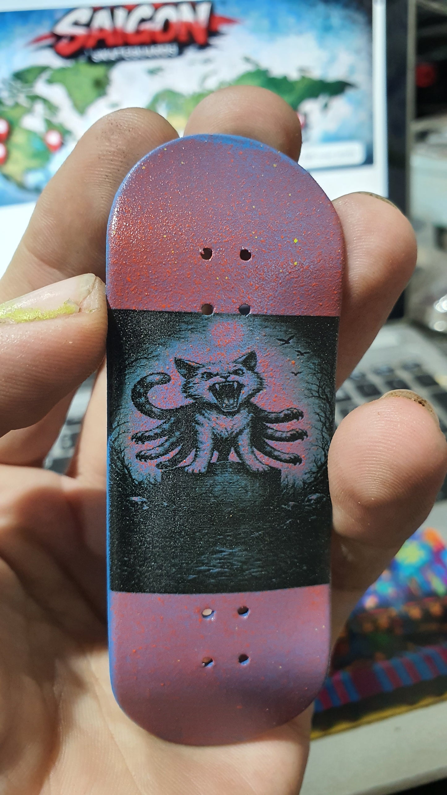 Saigon Skateboards 5-ply Canadian Maple Fingerboard 33mmx97mm Popsicle Shape "Cemetary Cat"