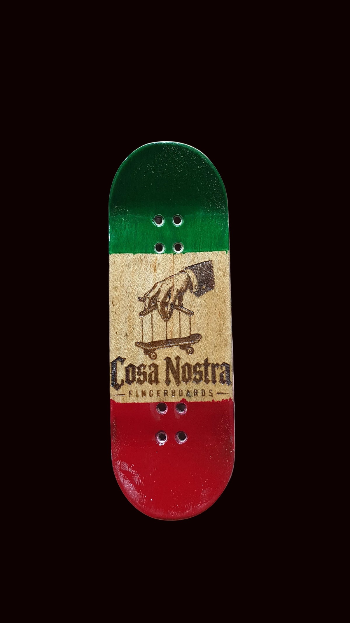 Tricolor fingerboard deck with green top, tan middle, red bottom; Cosa Nostra logo