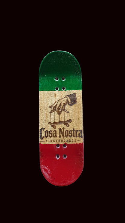 Tricolor fingerboard deck with green top, tan middle, red bottom; Cosa Nostra logo