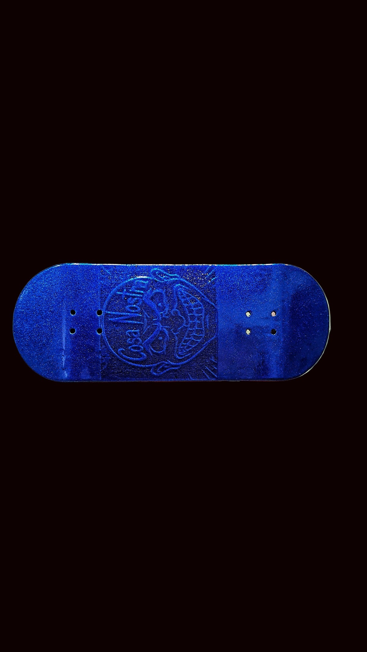 Blue fingerboard deck top view with Cosa Nostra logo graphic and mounting holes