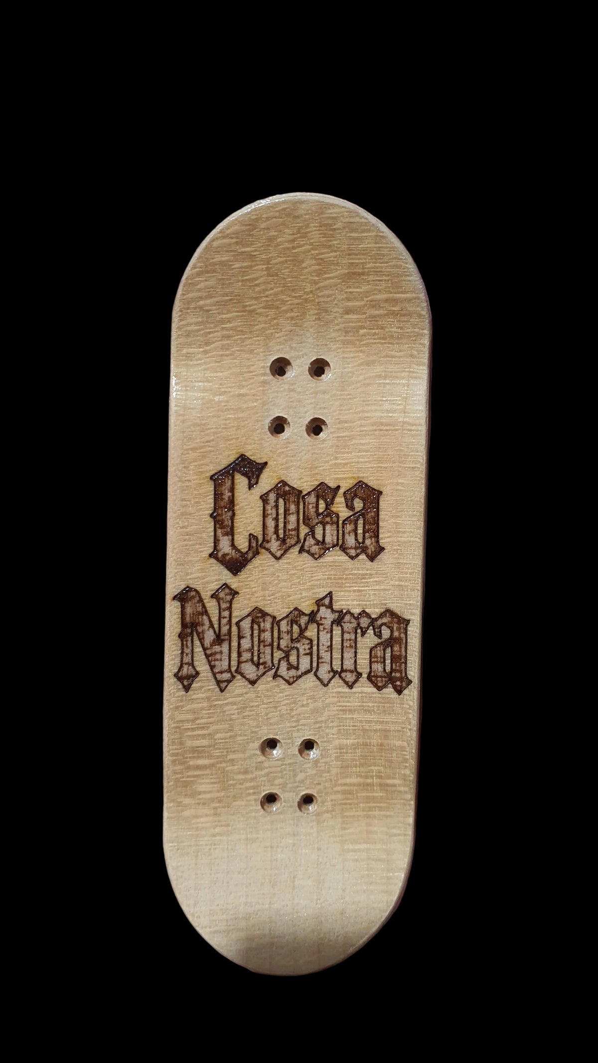 Light wood fingerboard deck with arched graphic text and 4 mounting holes
