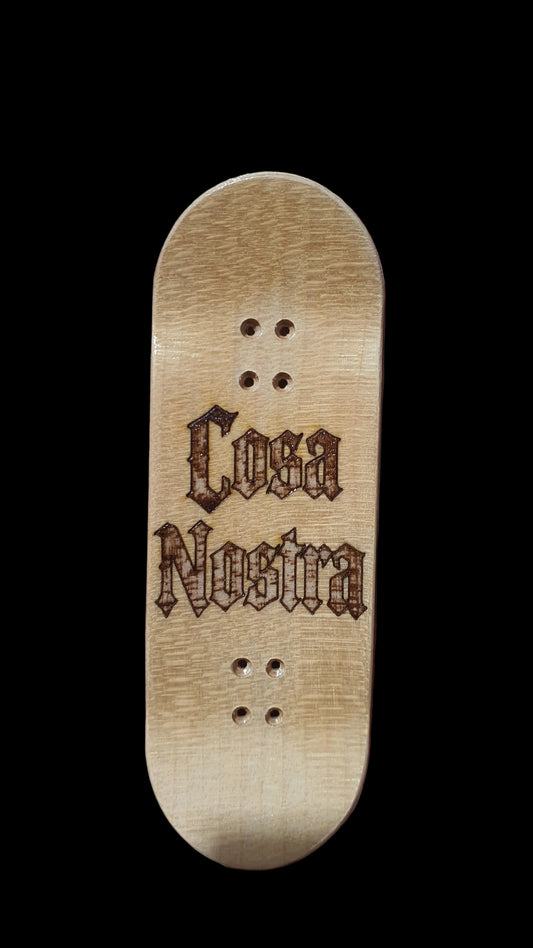Light wood fingerboard deck with arched graphic text and 4 mounting holes