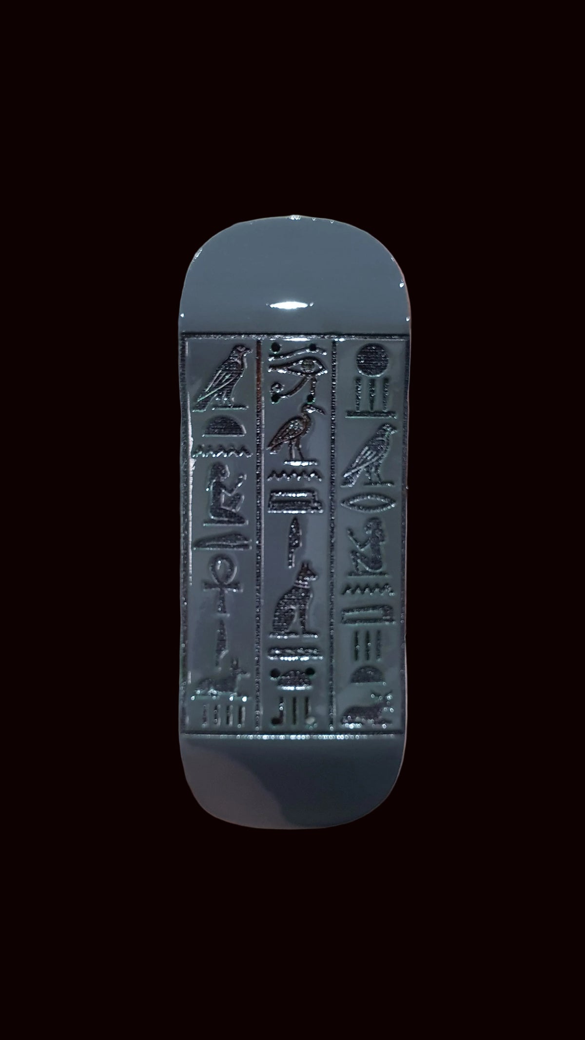 34mm fingerboard deck, silver tone with embossed Egyptian tablet design and grip dots