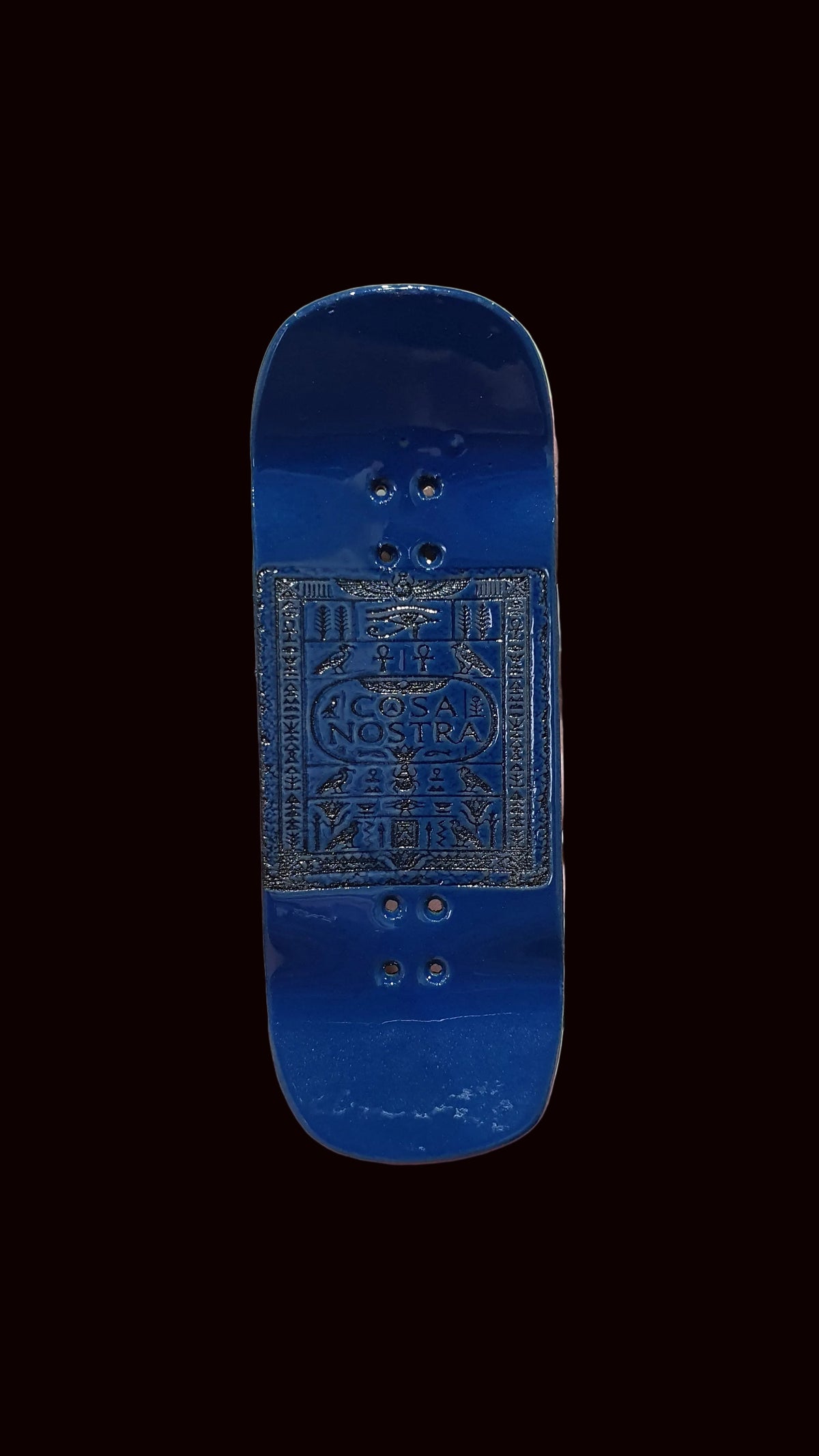 34mm fingerboard deck, deep blue with textured embossed Egyptian tablet artwork and holes