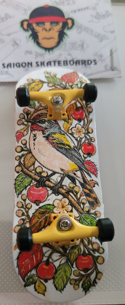Complete finger skateboard with bird, floral and cherry graphic deck