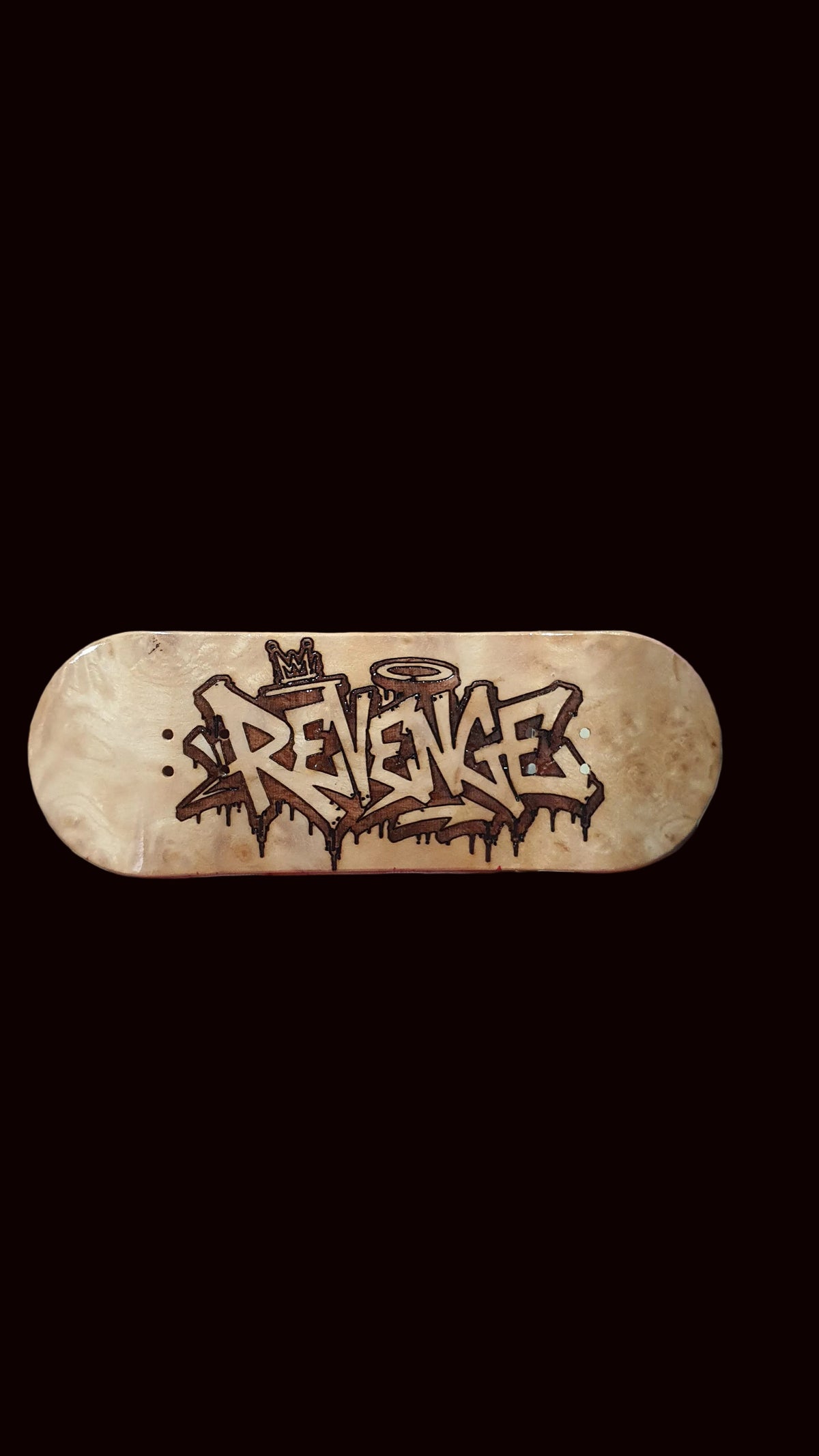 Popsicle fingerboard deck, light wood finish with centered black graffiti-style logo