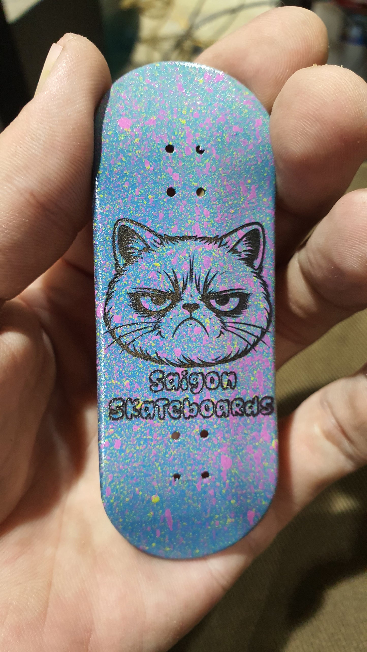 Saigon Skateboards 5-ply Canadian Maple Fingerboard Skateboard 33mmx97mm Popsicle Shape Custom 1 of 1 "Grumpy Cat"
