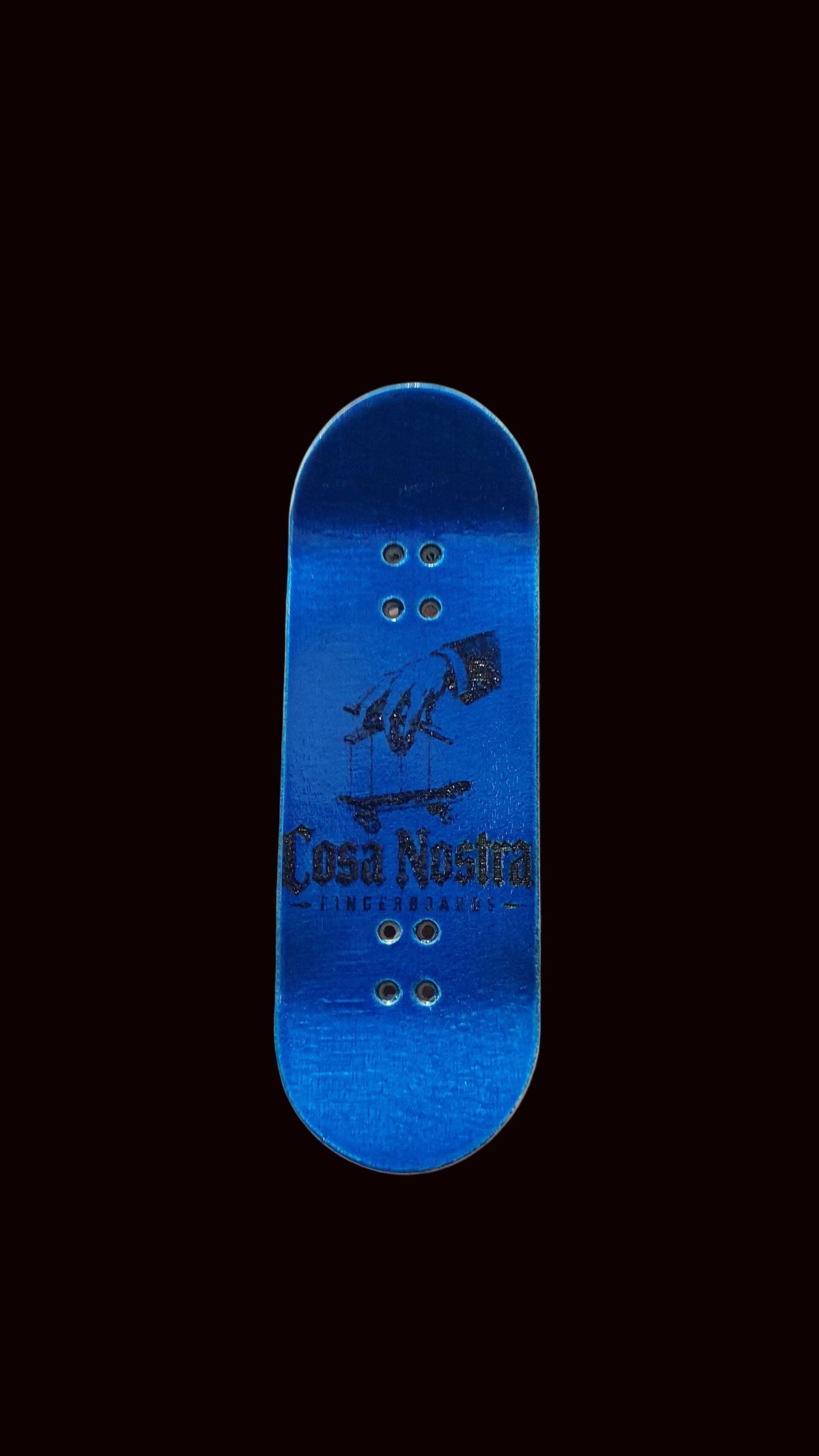 Blue fingerboard deck with dark horse graphic and Cosa Nostra logo
