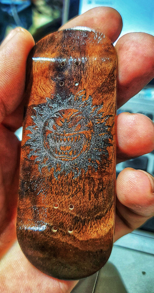 Cosa Nostra Handmade 6-Ply Hateful Sun Canadian Maple, Ebony, Mahogany, White Oak and Burl 34mmx98mm Popsicle shape. Medium kicks and concave. Limited Edition 1 of 1. NFC enabled.