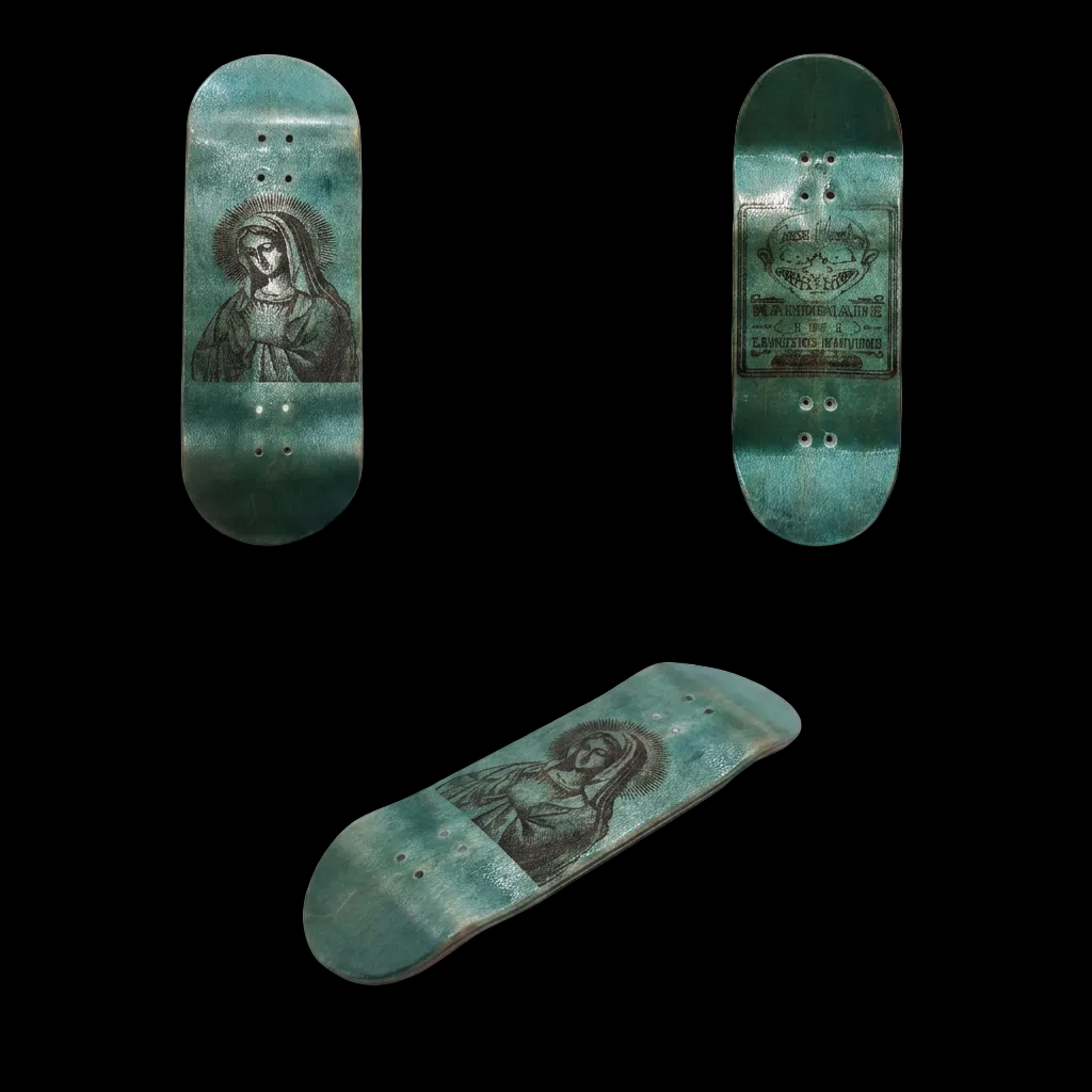 Three skateboard decks with artistic designs on a white background