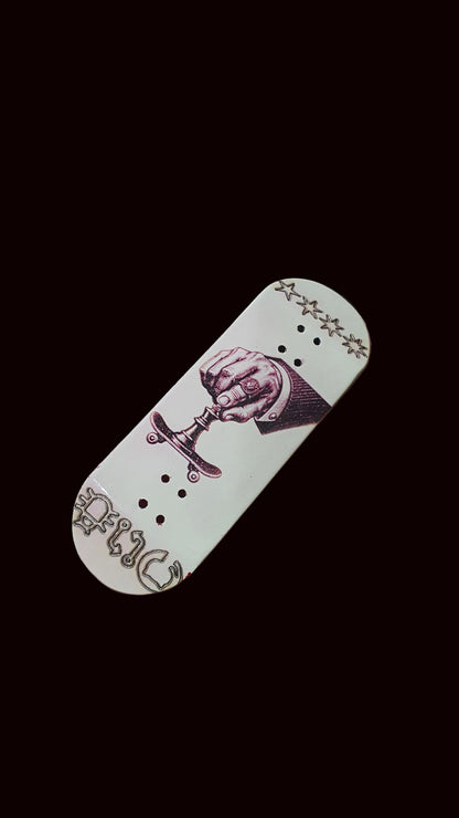 5-ply maple fingerboard deck with white top graphic, drilled mounting holes