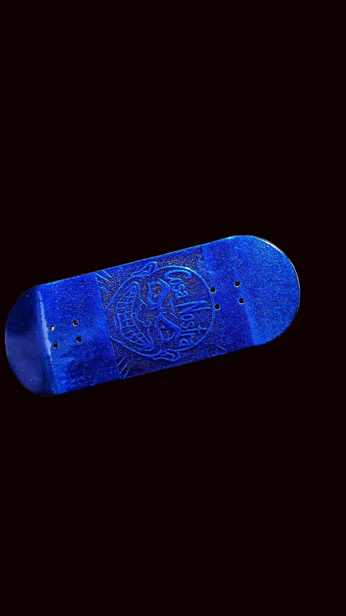Handmade blue fingerboard deck with Cosa Nostra logo and mounting holes