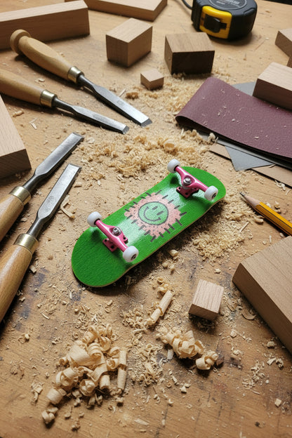 Small green fingerboard with a smiley face design on a busy workshop place