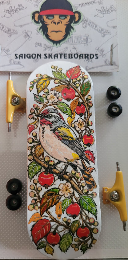 Finger skateboard deck and hardware set with bird and cherry graphic