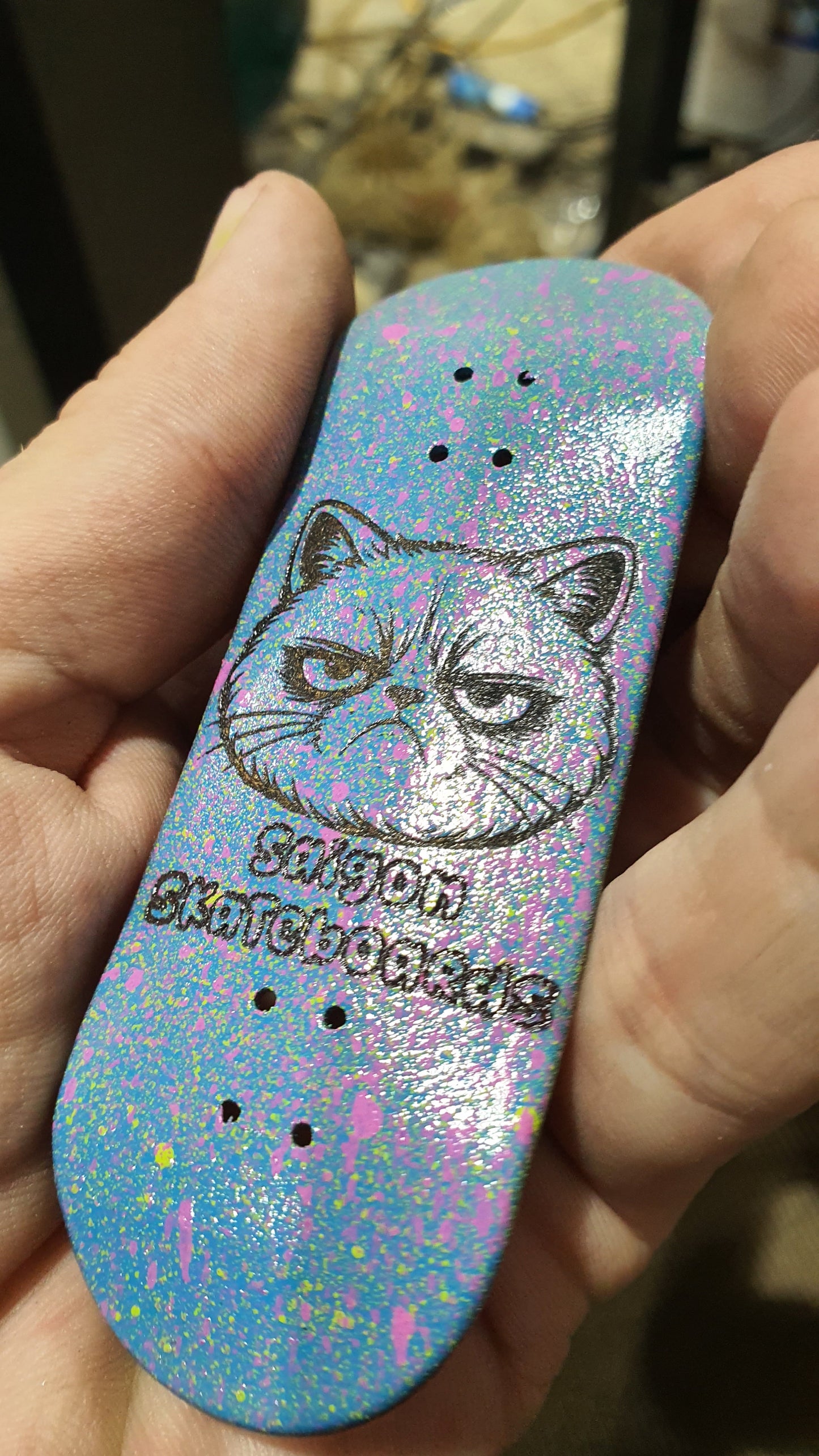 Saigon Skateboards 5-ply Canadian Maple Fingerboard Skateboard 33mmx97mm Popsicle Shape Custom 1 of 1 "Grumpy Cat"