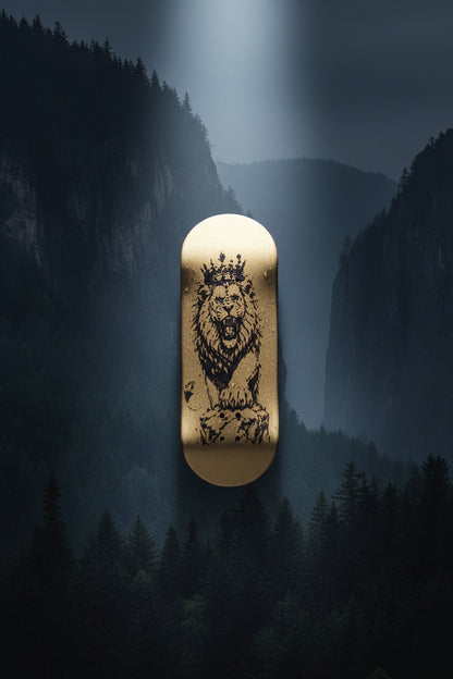 Skateboard deck with a lion design in a mountainous landscape