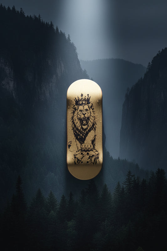 Skateboard deck with a lion design in a mountainous landscape