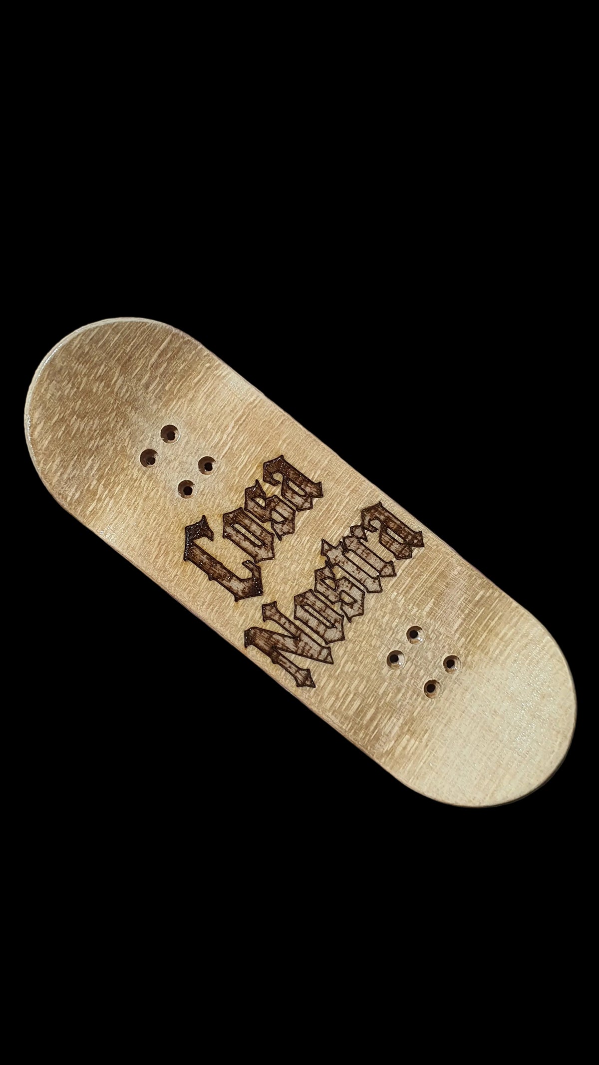 Light wood fingerboard deck angled side view with logo text and mounting holes