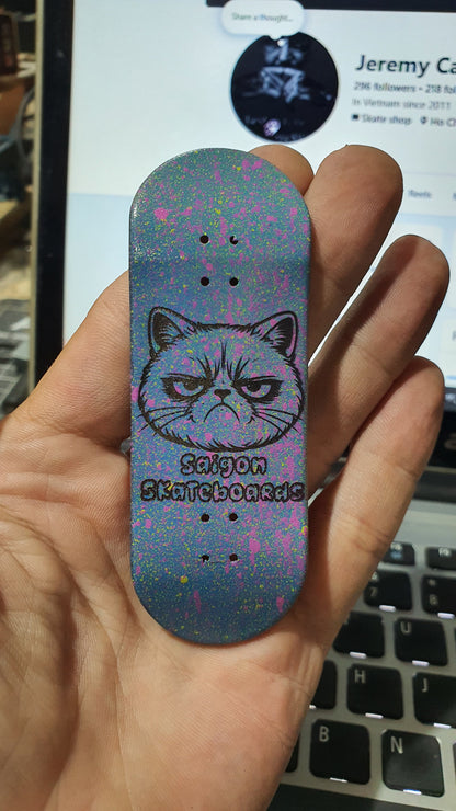 Saigon Skateboards 5-ply Canadian Maple Fingerboard Skateboard 33mmx97mm Popsicle Shape Custom 1 of 1 "Grumpy Cat"